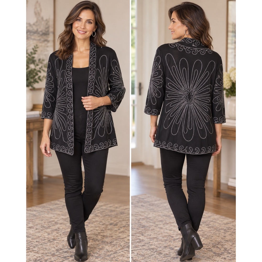 Lauren Michelle Womens Medium Black Open Front Cardigan Embroidered Floral 3/4